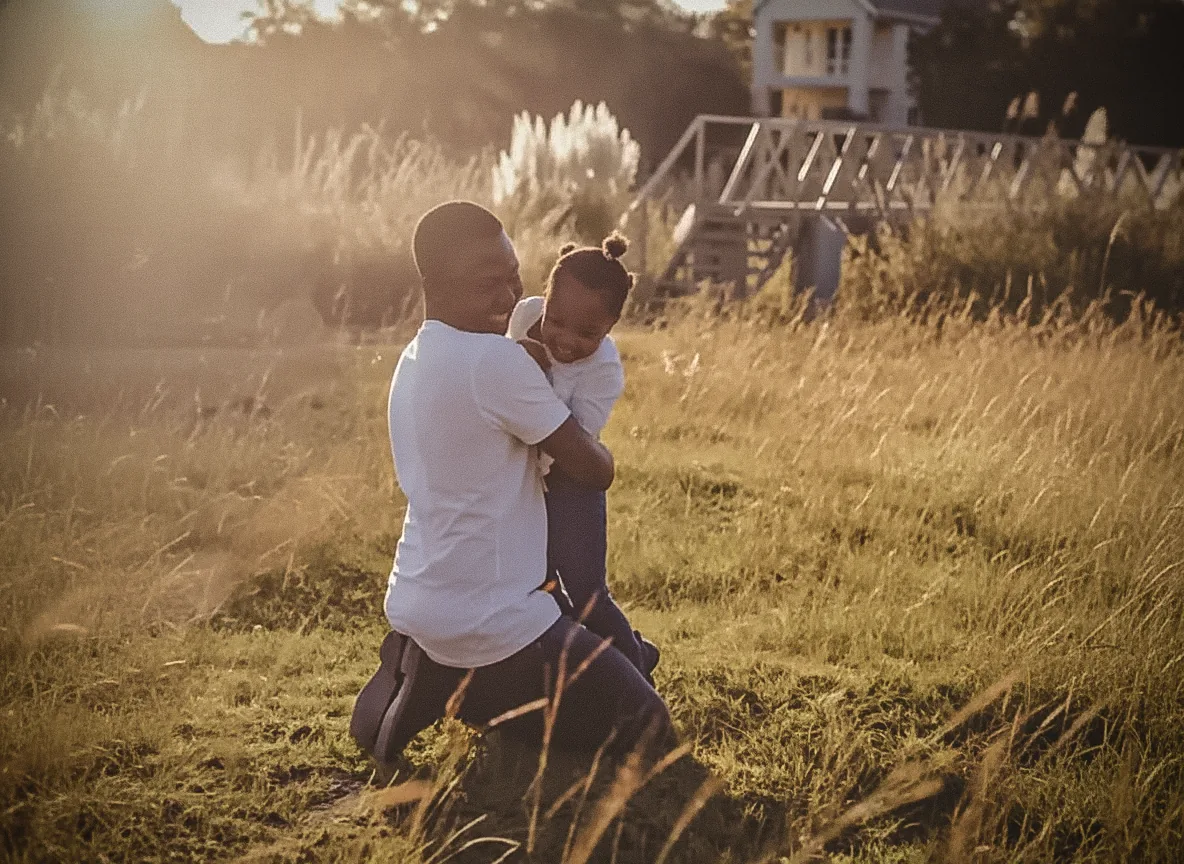 An adult carrying a child outdoors